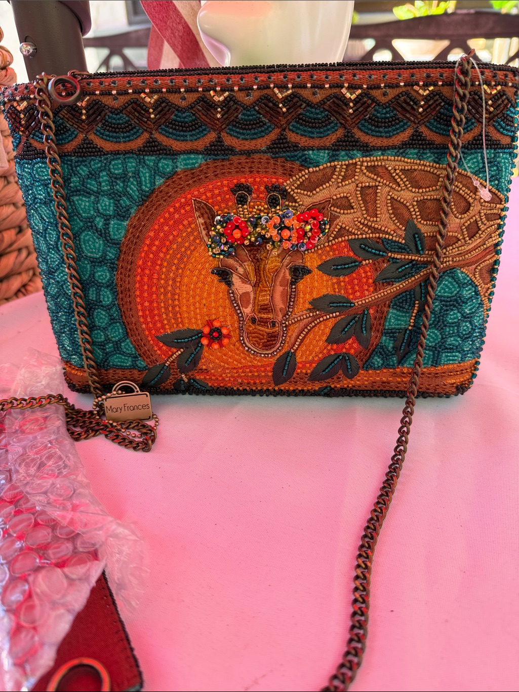 Mary Frances Teal, Orange & Brown Giraffe Beaded Crossbody